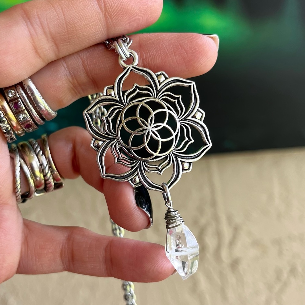 Herkimer diamond mandala lotus flower charm stainless steel chain boho crystals - Picture 2 of 11